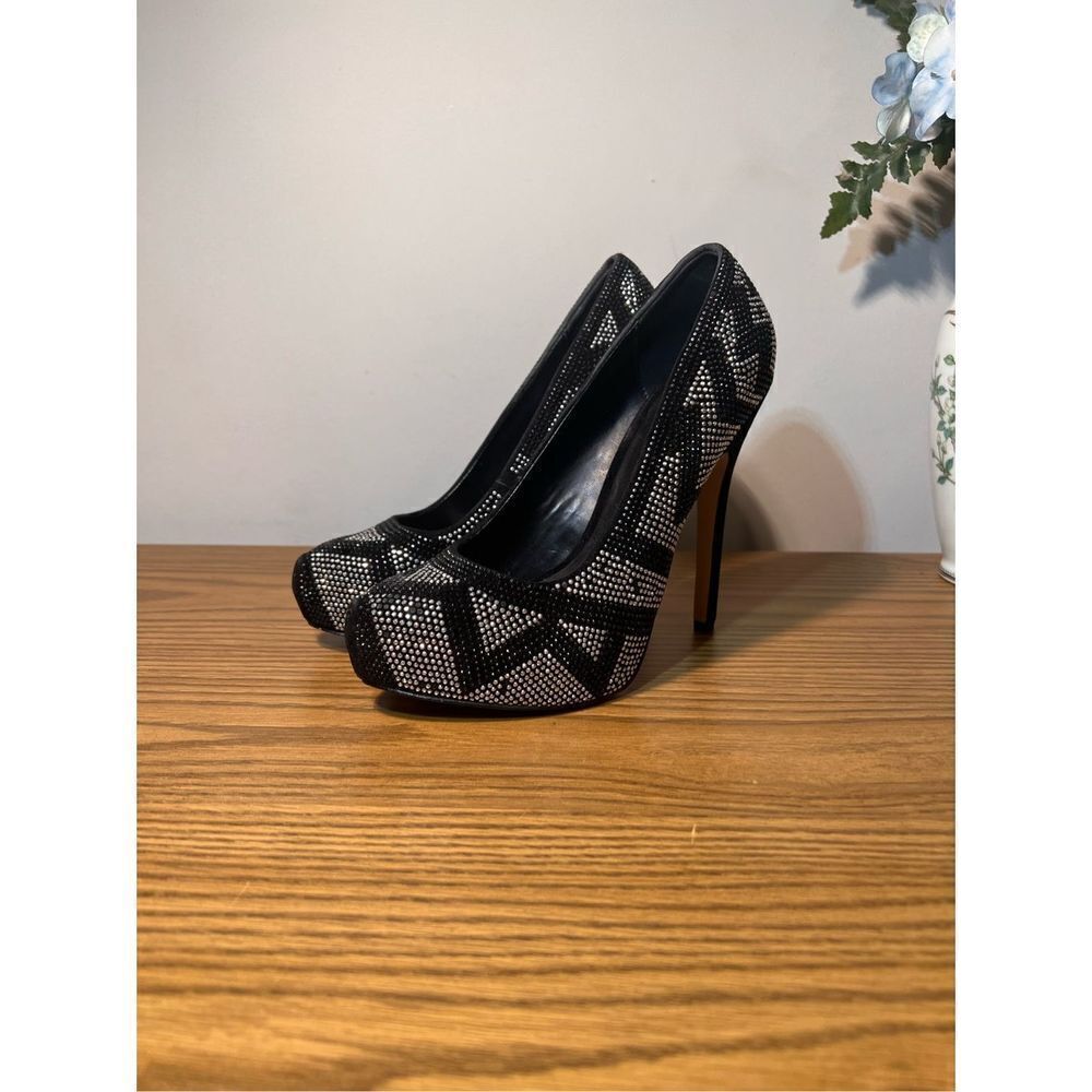 ALDO BLACK & SILVER CHEVRON RHINESTONES ZIGZAG PLATFORM PUMPS HEELS size 7